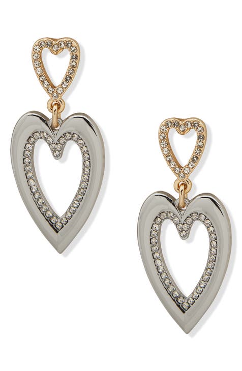 Two-Tone Crystal Heart Drop Earrings
