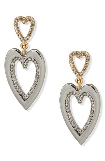 Shop Karl Lagerfeld Two-tone Crystal Heart Drop Earrings In Two/crystal