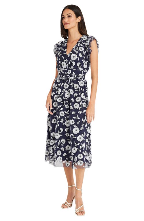 Shop Maggy London Floral Mesh Overlay Dress In Navy/black/white