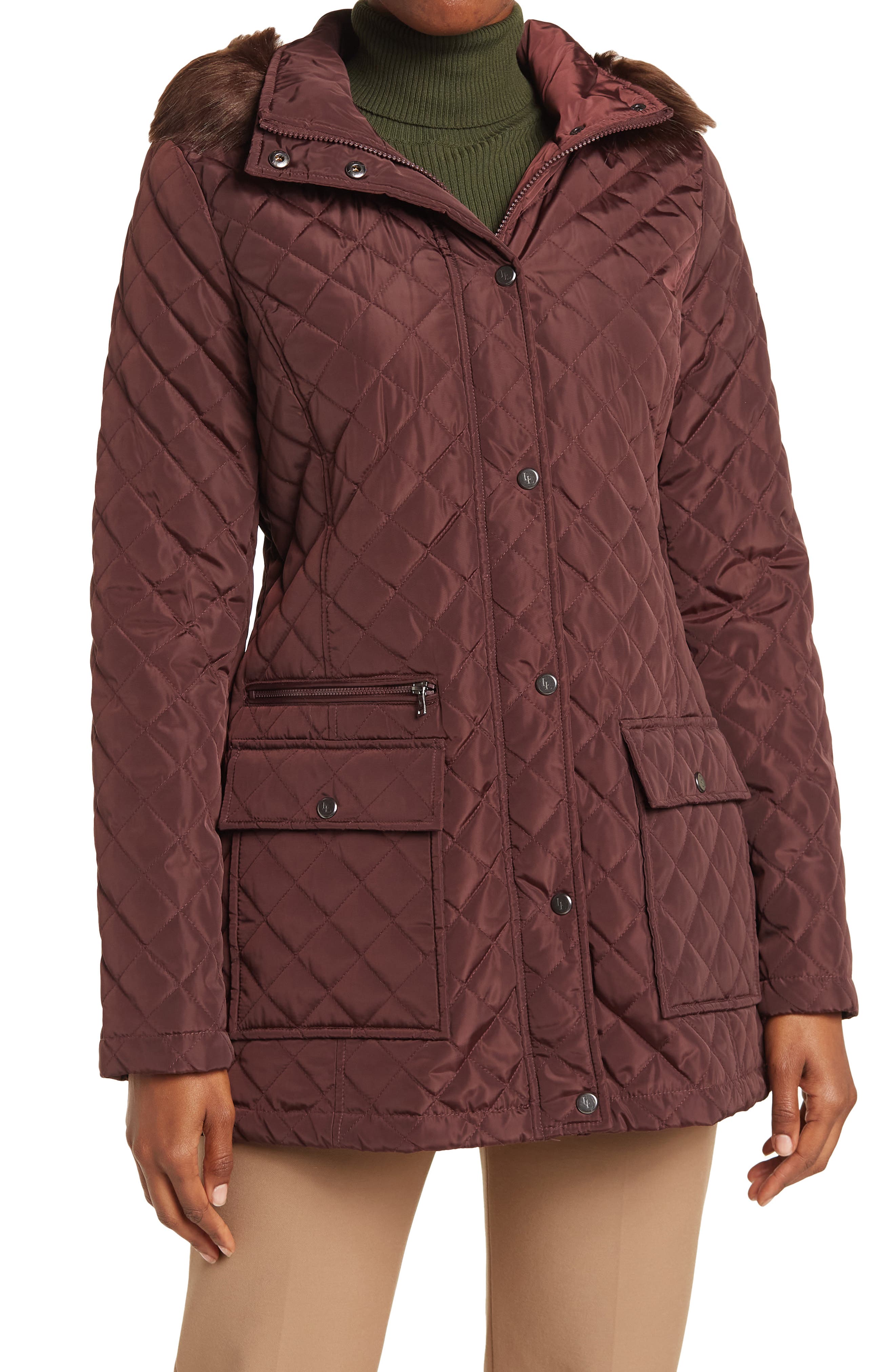 burgundy puffer jacket with fur hood