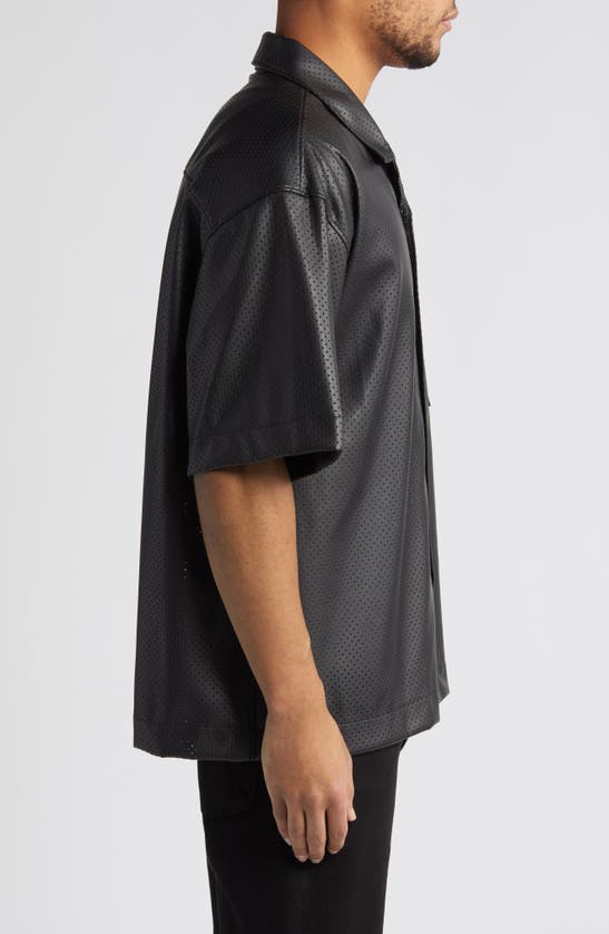 Shop Hugo Egeeno Oversize Short Sleeve Faux Leather Button-up Shirt In Black