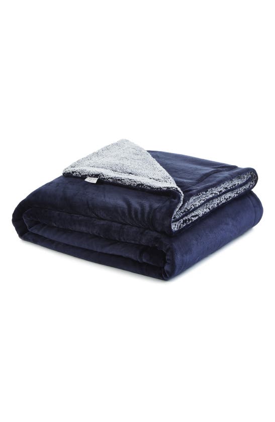 Shop Inspired Home Solid Micro Plush Faux Shearling Reversible Throw Blanket In Navy