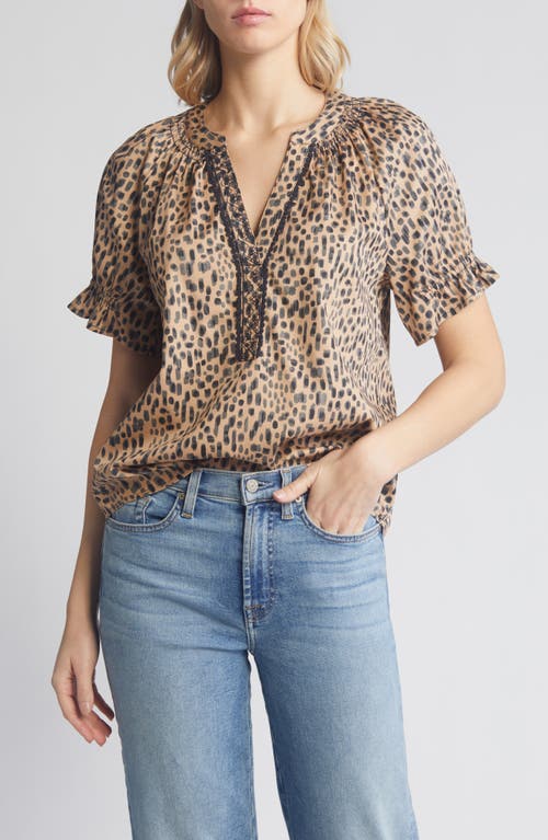 Print Cotton Blend Top in Straw/Pewter