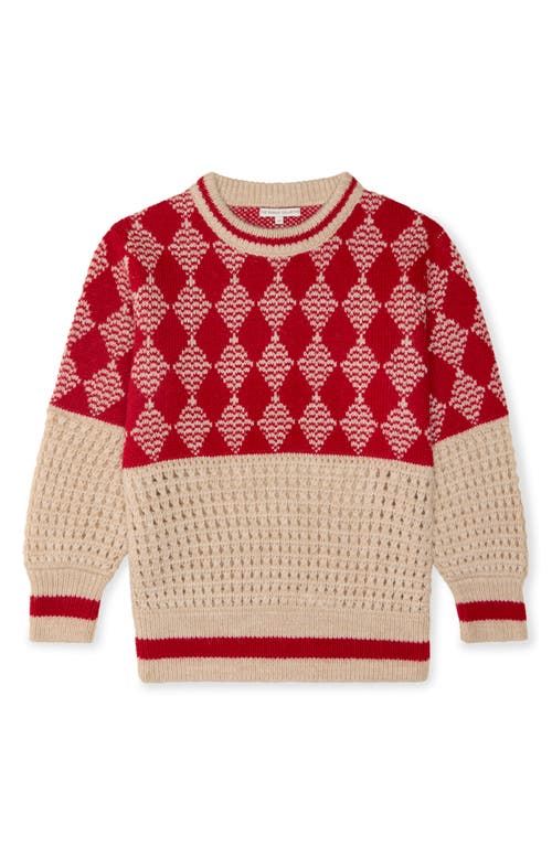 The Sunday Collective Kids' Diamond Pattern Mixed Stitch Crewneck Sweater In Light/pastel Grey