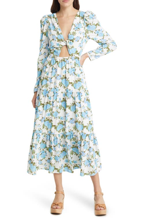 Charles Henry Floral Twist Front Cutout Long Sleeve Midi Dress in Ivory Roses