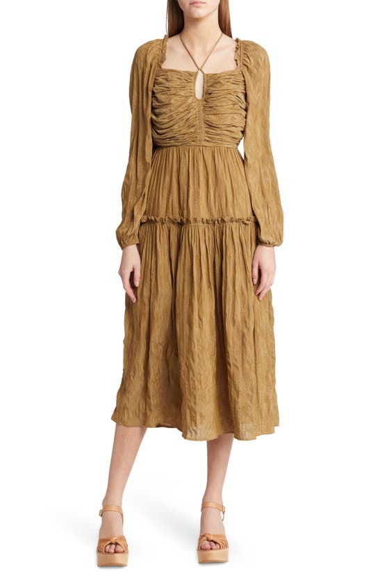Moon River Ruched Long Sleeve Ruffle Trim Tie Neck Maxi Dress In Olive