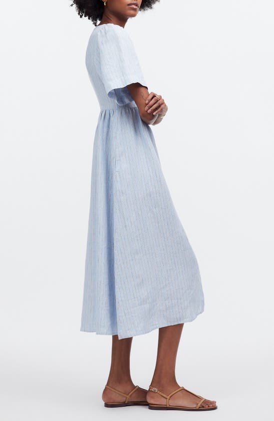 Shop Madewell Cassie Stripe Button Front Linen Midi Dress In Powder Blue