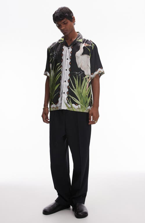 Shop Topman Crane Print Satin Camp Shirt In Black