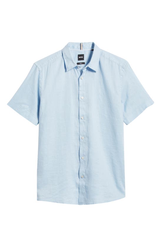 Shop Hugo Boss Boss Liam Slim Fit Solid Short Sleeve Linen Blend Button-up Shirt In Light Blue