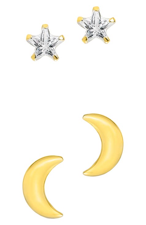 Set of 2 Crescent & Star Stud Earrings