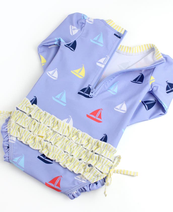 Rufflebutts Baby Girls Long Sleeve Upf50+ One Piece Rash Guard In Flamingo Frenzy