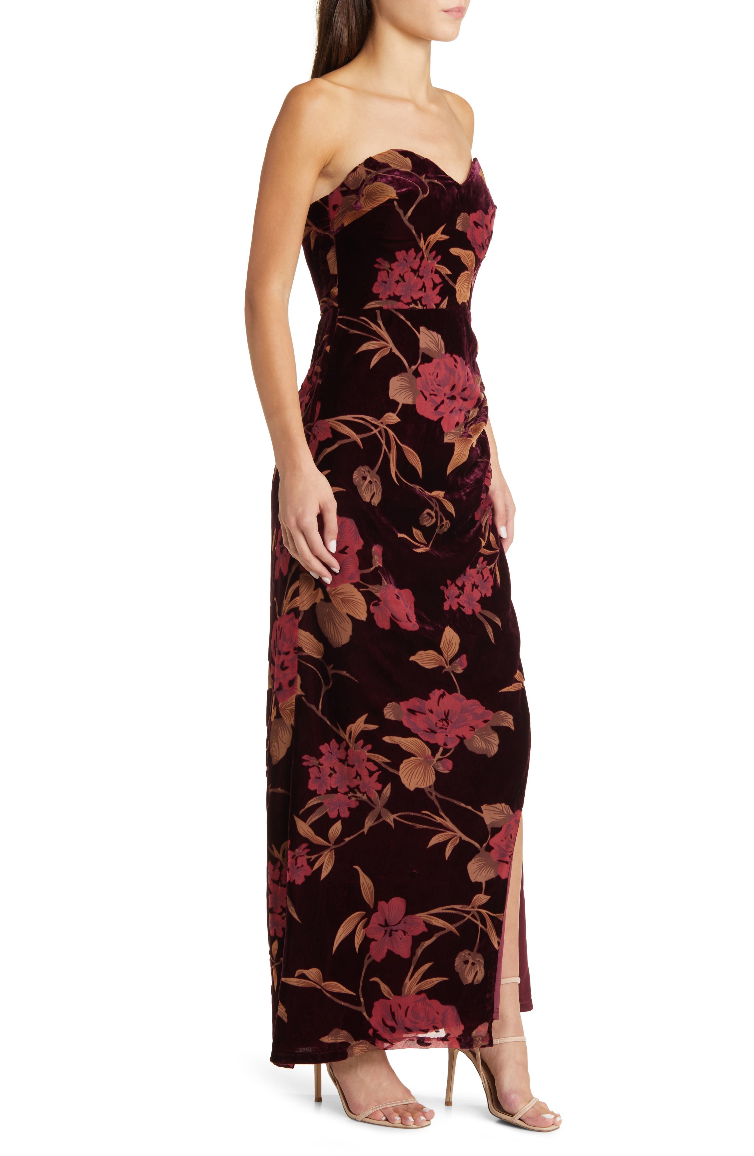 Lulus Exquisite Floral Velvet Burnout Strapless Gown in Plum Purple Floral  Print | Smart Closet