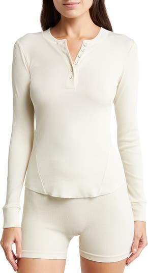 Haute Edition Women's Ribbed Scoop Neck Henley Long Sleeve T-Shirt Top