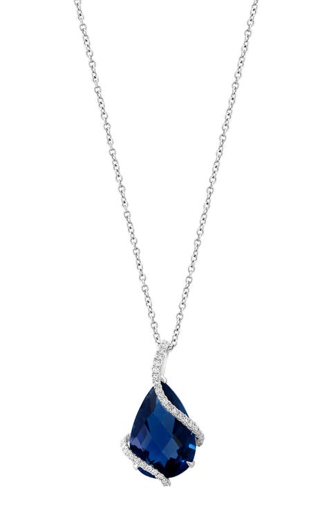 14K White Gold, Diamond & Blue Topaz Pendant Necklace
