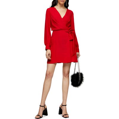 Topshop Faux Wrap Long Sleeve Minidress, US (fits like 6-8) - Red