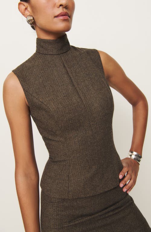 Shop Reformation X Kacey Musgraves Sutton Mock Neck Sleeveless Wool Blend Top In Brown Herringbone