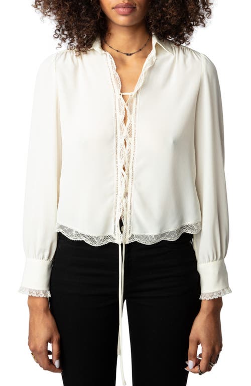 Shop Zadig & Voltaire Topzyl Strass Lace Accent Silk Lace-up Shirt In Vanille