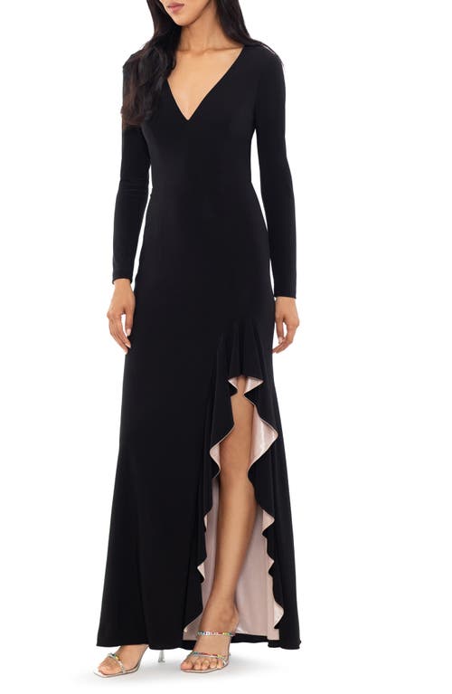 Shop Xscape Evenings V-neck Long Sleeve Gown In Black/nude