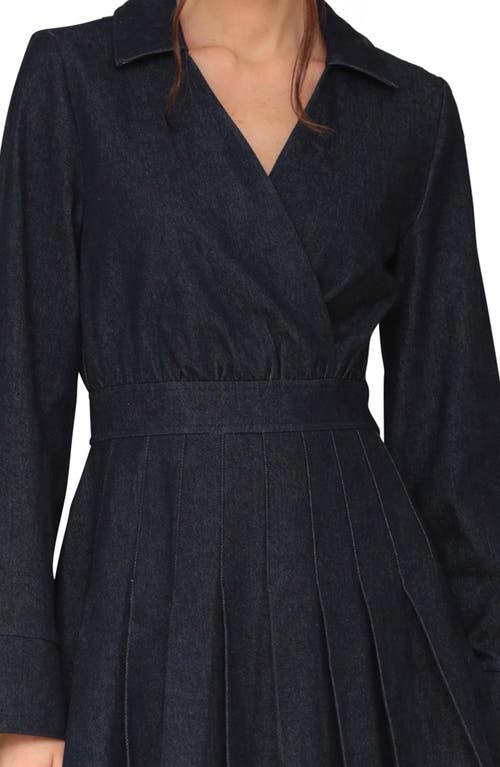 Shop Avec Les Filles Pleated Long Sleeve Denim Minidress In Ink Blue Wash