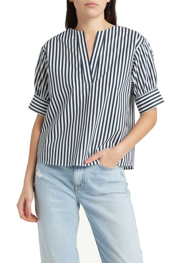 Shop Frame Stripe Split Neck Organic Cotton Popover Top In Navy Multi