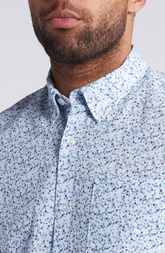 Shop Nordstrom Trim Fit Floral Short Sleeve Stretch Cotton & Linen Button-down Shirt In White- Blue Micro Ditsy