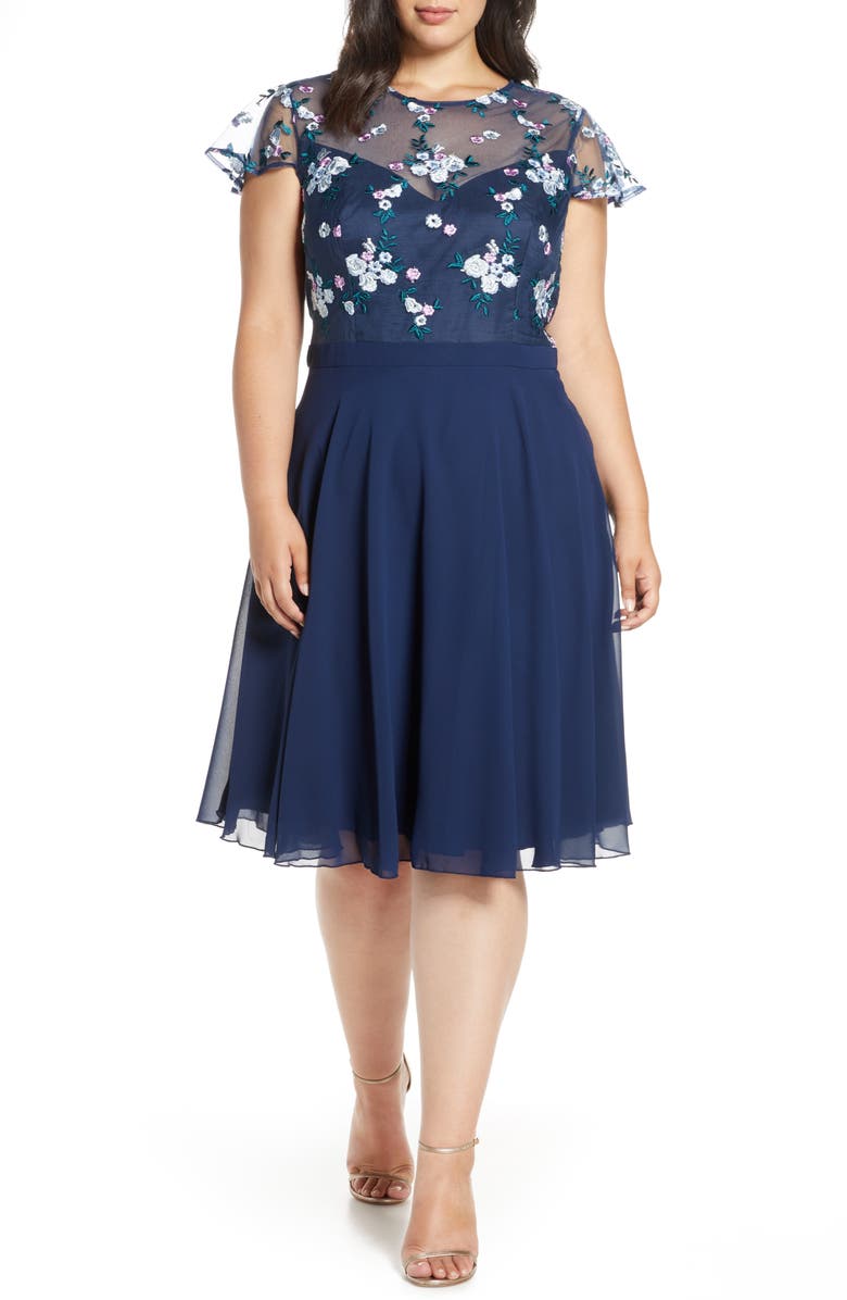 CHI CHI LONDON Curve Novah Embroidered Bodice Party Dress, Main, color, NAVY