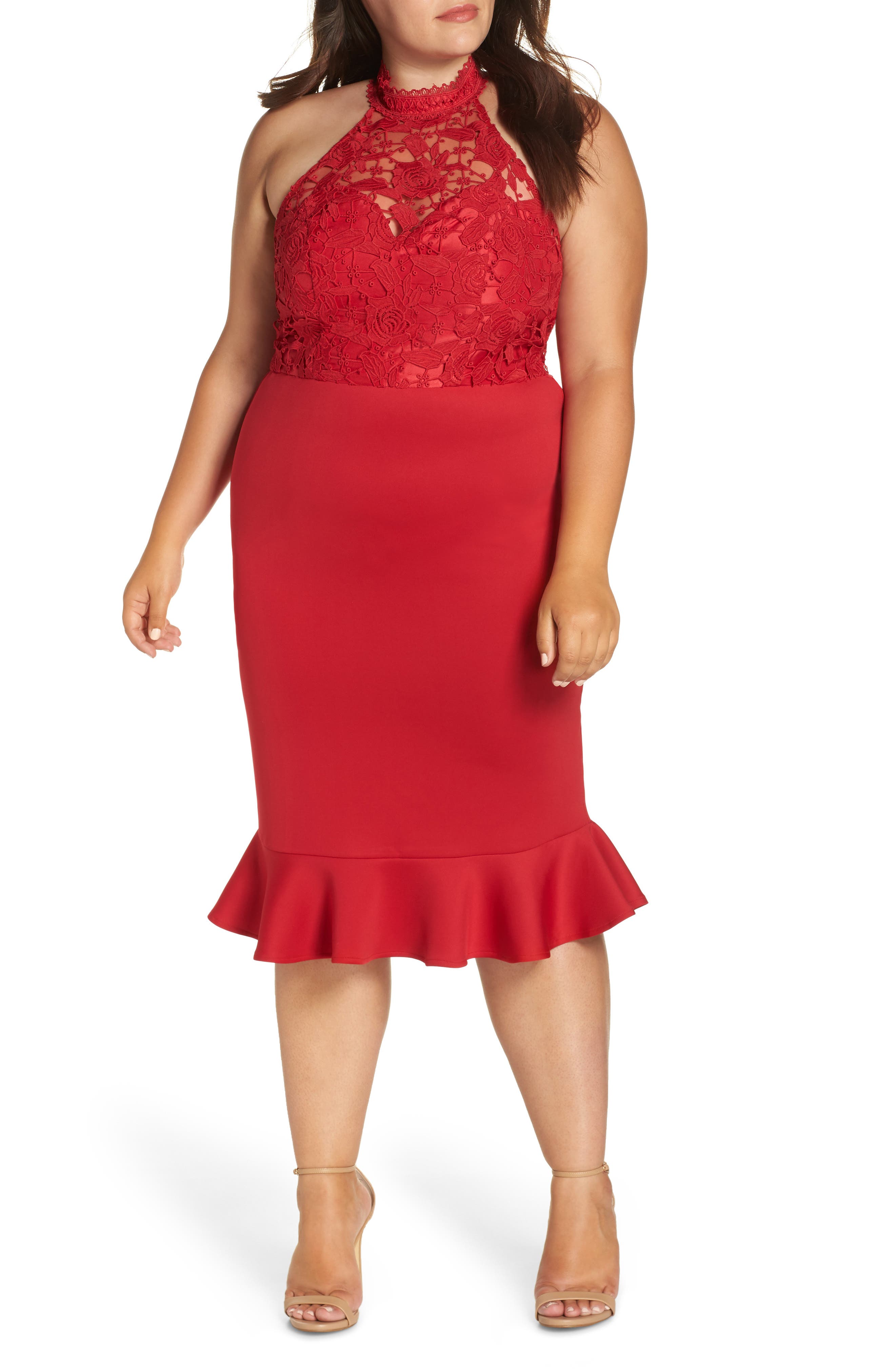 red peplum midi dress