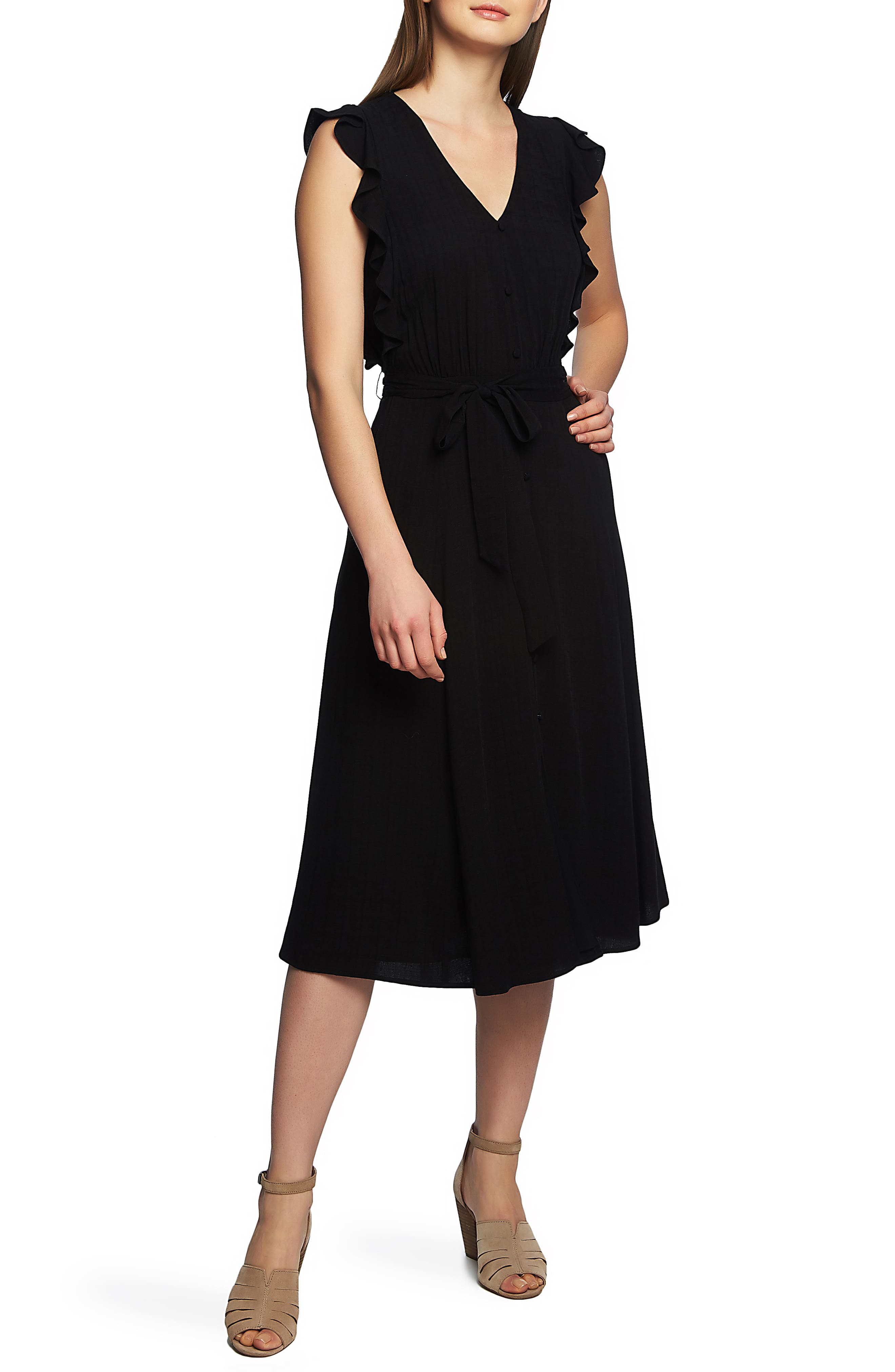 1.state Ruffle Tie Waist Midi Dress, Black