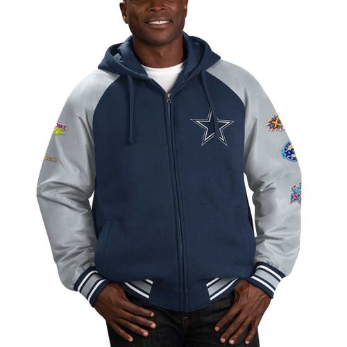Men's G-III Sports by Carl Banks Navy Dallas Cowboys 5X Super Bowl Champions Defender Varsity Raglan Full-Zip Hoodie