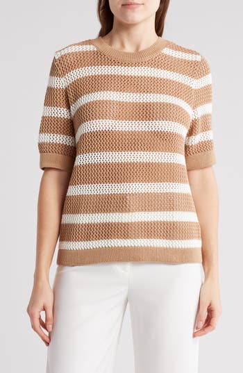 Laundry By Shelli Segal Open Weave Stripe Short Sleeve Sweater In Camel/marshmallow