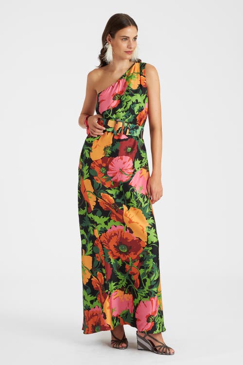 La Doublej Roy Floral One-shoulder Maxi Silk Twill Dress In Wonderland Black