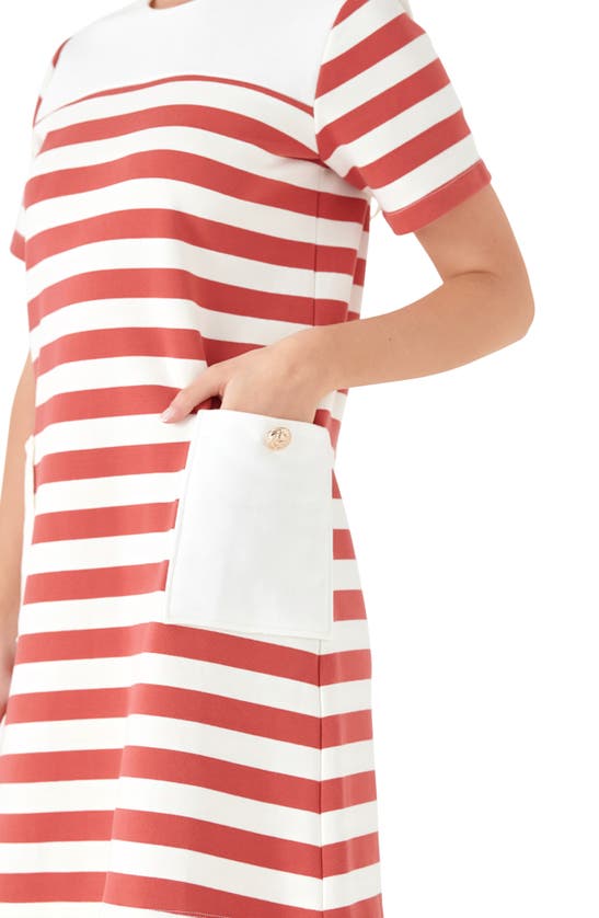 Shop English Factory Stripe Patch Pocket Shift Dress In White/ Red