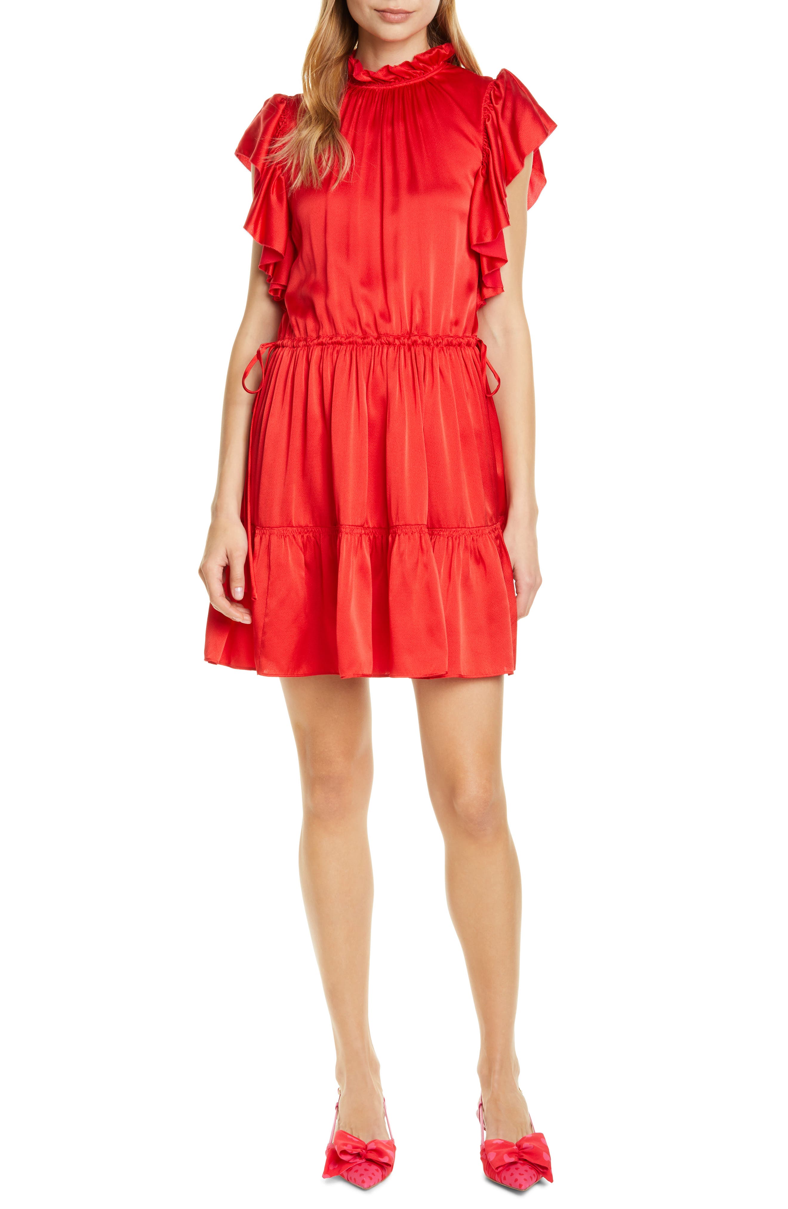Kate Spade New York Tiered High Neck Silk Blend Dress, Red