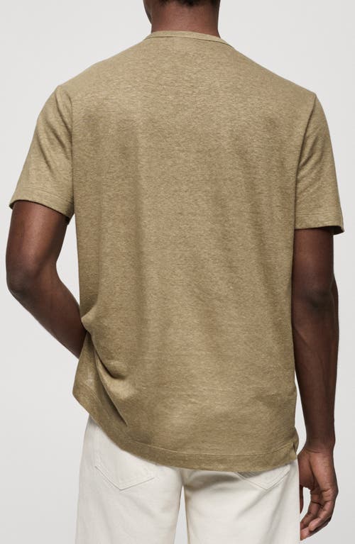 Shop Mango Slim Fit Linen Blend Henley In Khaki Green