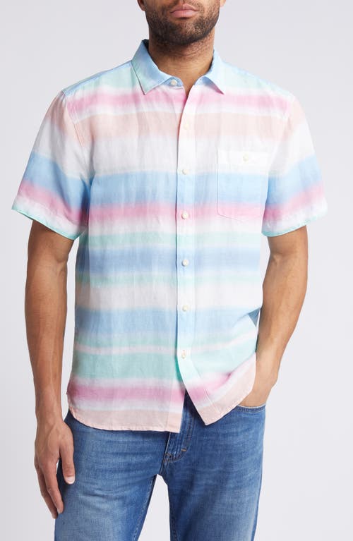 Tommy Bahama Sand Hazy Tides Stripe Short Sleeve Linen Blend Button-Up Shirt Horizon Blue at Nordstrom,