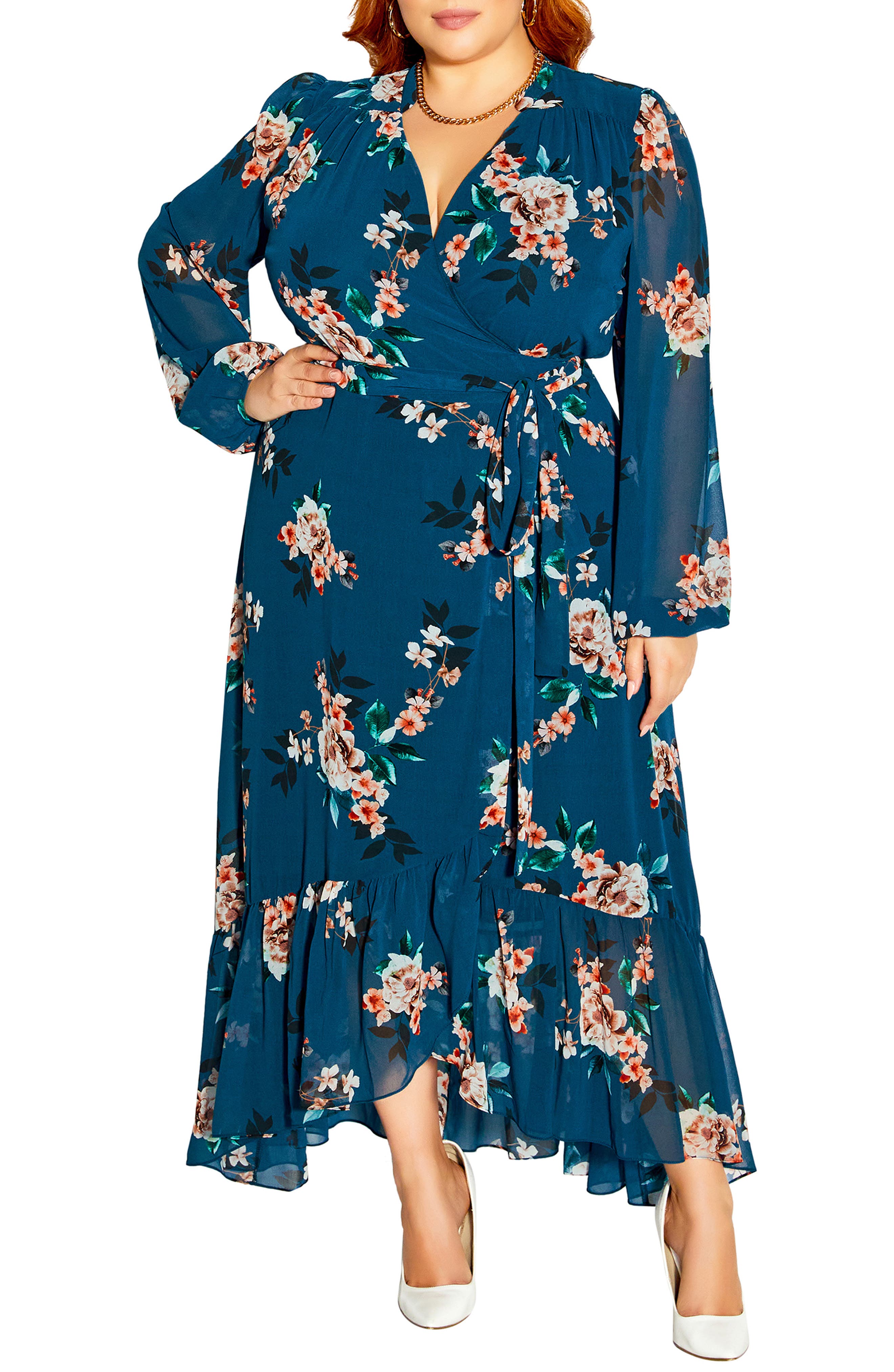 City Chic Vanessa Floral Side Tie Long Sleeve Maxi Dress in Teal Camilla Petals at Nordstrom, Size Small