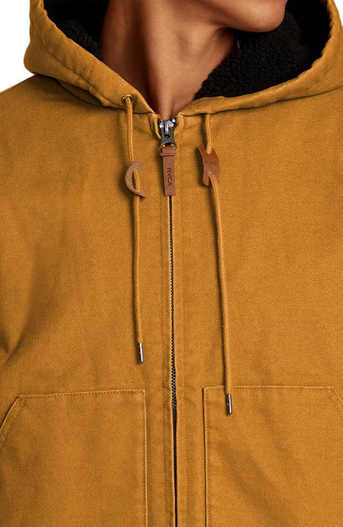 Shop Rvca Chain Mail Hooded Canvas Jacket With Faux Shearling Lining In Camel