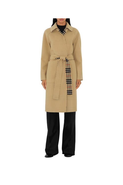 Shop Burberry Long Reversible Check Wool Car Coat In Flax