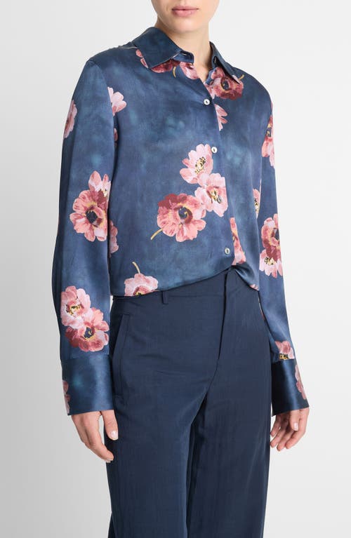 Shop Vince Painted Poppy Silk Button-up Shirt In Marine Night