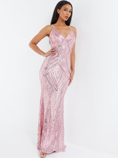 QUIZ Sequin V Neck Strap Fishtail Maxi Dress Pink at Nordstrom,