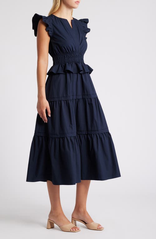 Shop Moon River Flutter Sleeve Tiered Cotton Dress In Navy