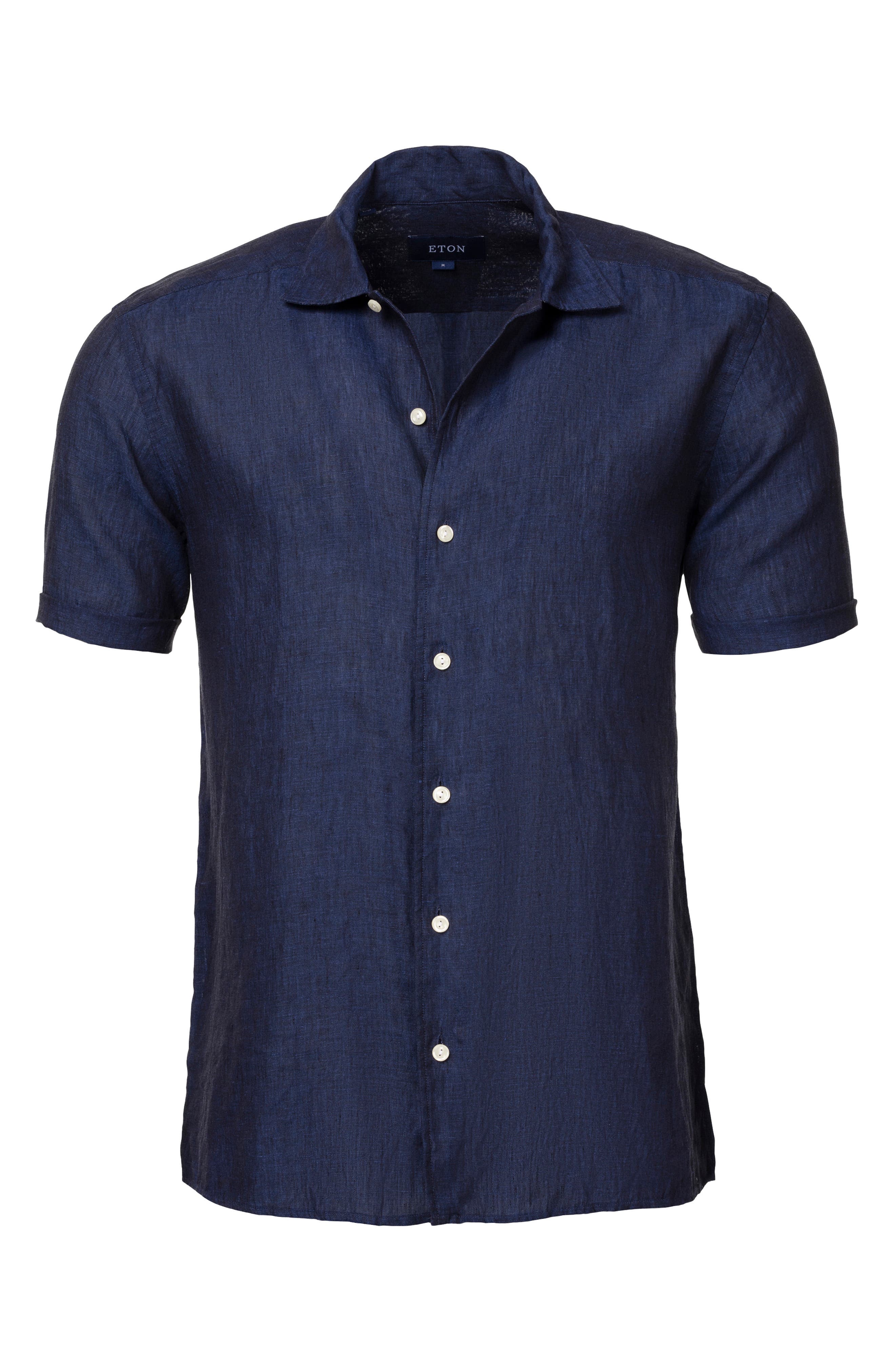 Eton Trim Fit Solid Linen Short Sleeve Button-up Dress Shirt In Dark Blue