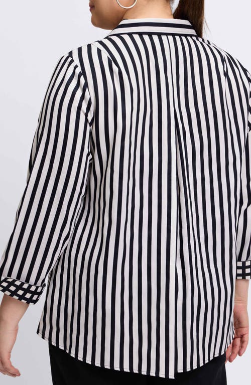 Foxcroft Agnes Stripe Long Sleeve Cotton Sateen Top In Black/white