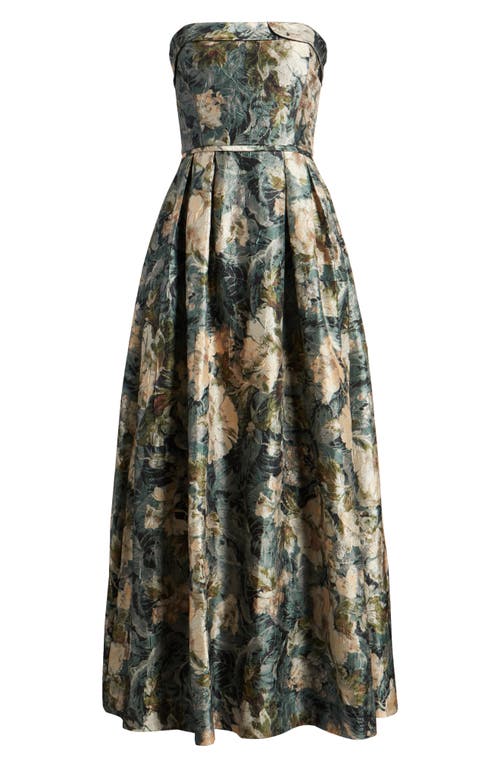 Tahari Asl Floral Strapless Ball Gown In Blush Sage Multi
