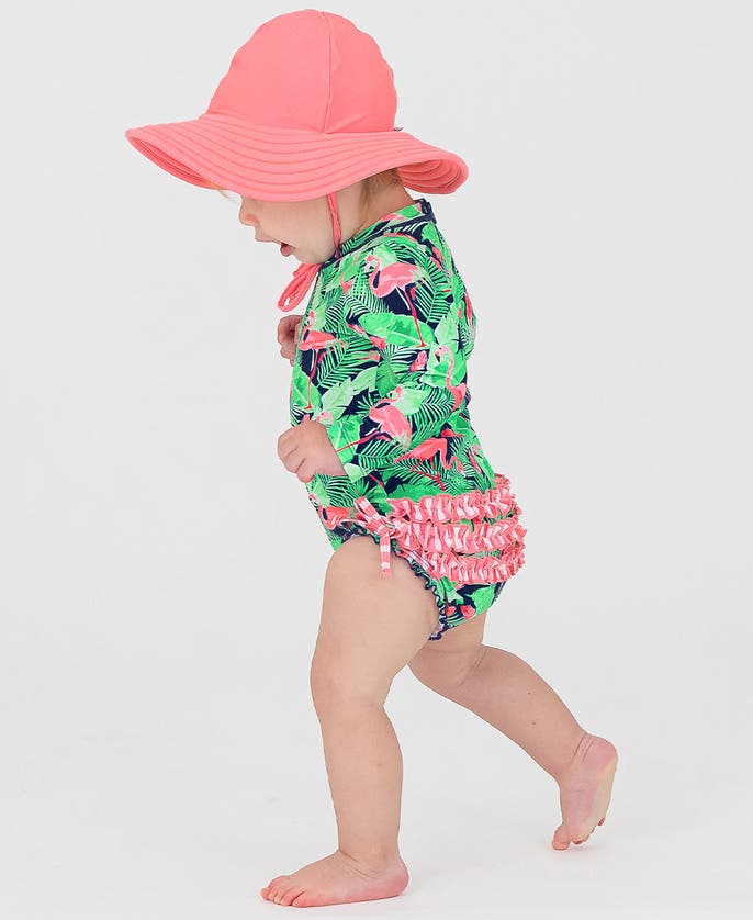 Shop Rufflebutts Baby Girls Long Sleeve Upf50+ One Piece Rash Guard In Flamingo Frenzy