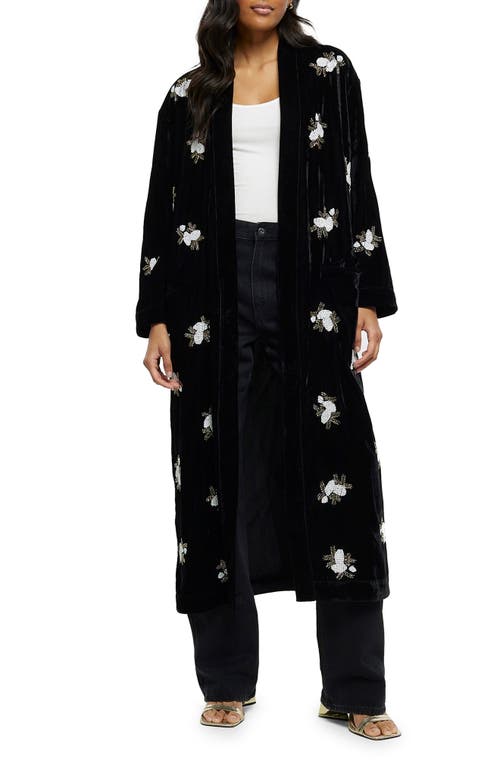 River Island Beaded Floral Open Front Velvet Duster in Black at Nordstrom, Size X-Small