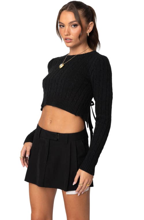 Shop Edikted Bow Accent Cable Stitch Crop Sweater In Black