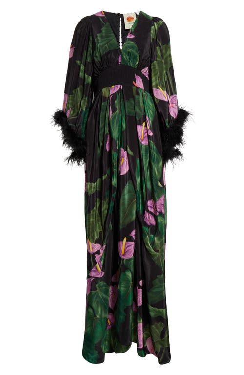 FARM RIO FARM RIO ANTHURIUM FEATHER TRIM CAFTAN DRESS 