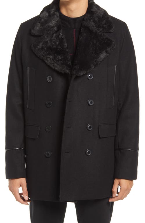 Karl Lagerfeld Paris Wool Blend Peacoat with Faux Fur Collar in Black/Black