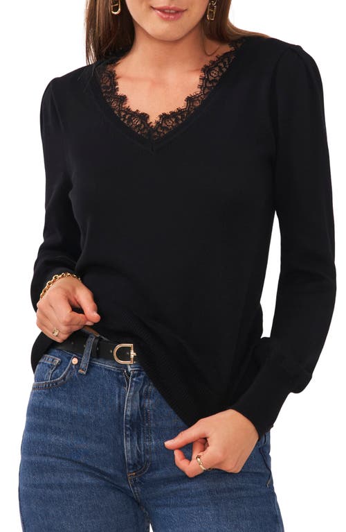 Vince Camuto Lace Trim V-Neck Sweater in Rich Black
